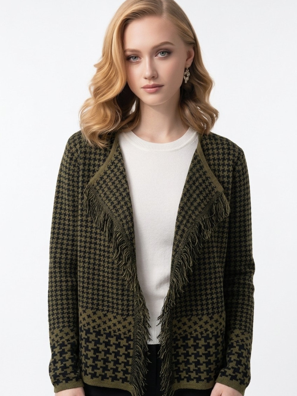 CHARLIE B Olive Black Houndstooth Fringe Waterfall Cardigan Sweater XLGT